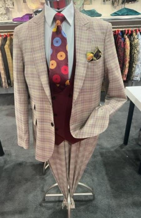 Peak Lapel Suit - Plaid Suit - Windowpane Pattern Color Suit - Tan and Burgundy Pattern