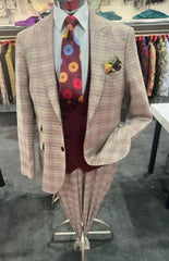 Peak Lapel Suit - Plaid Suit - Windowpane Pattern Color Suit - Tan and Burgundy Pattern