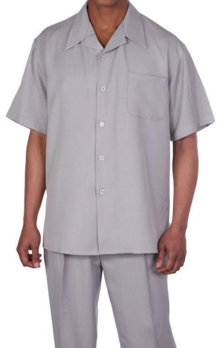 New Mens 2pc Walking Suit Short Sleeve Casual Shirt and Pants Set - Gray