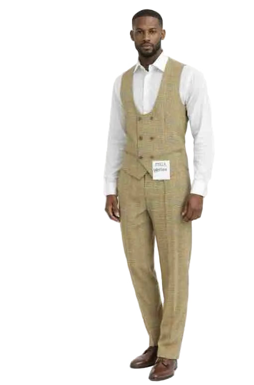 Mens Tan Plaid 3-Piece Suit Set with Double-Breasted Vest Modern Fit