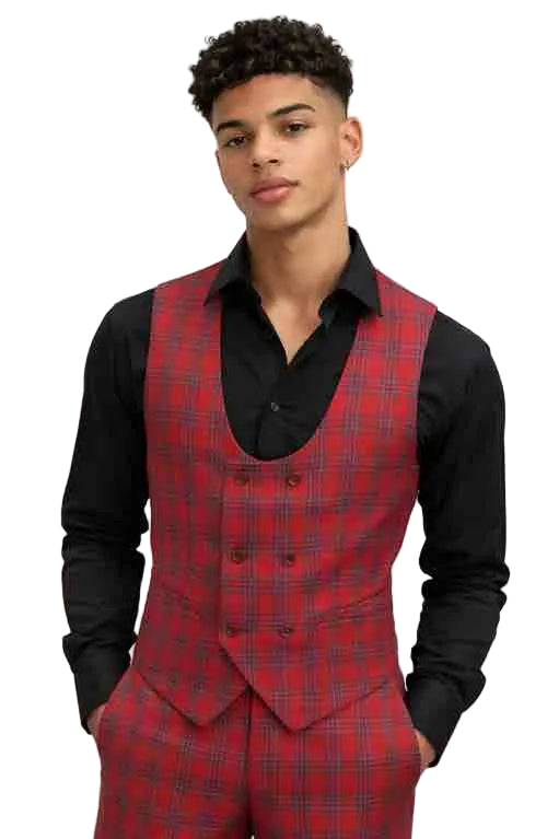 Mens Red Plaid Double-Breasted Vest and Trousers Set