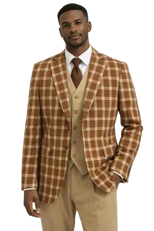 Mens Brown Plaid Suit 3-Piece – Slim Fit Windowpane Checked Formal Suit Set