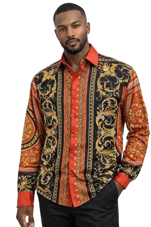 Mens Red and Black Baroque Printed Shirt – Slim Fit Luxury Long Sleeve Party and Casual Wear Shirt