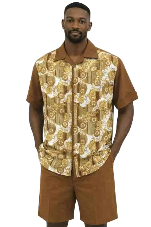Mens Premium Brown Baroque Print Shirt and Shorts Set