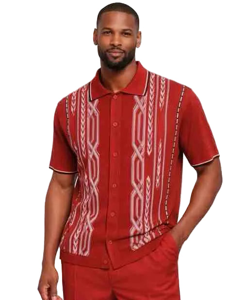 Mens Red Patterned Short Sleeve Button-Up Shirt Set – Modern Summer Casual Outfit With Walking Suit Plus Matching Pants