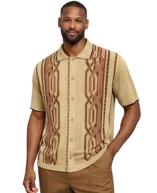 Mens Retro Geometric Pattern Short Sleeve Shirt With Walking Suit Plus Matching Pants – Vintage Knit Button-Up Polo Style Casual Summer Shirt