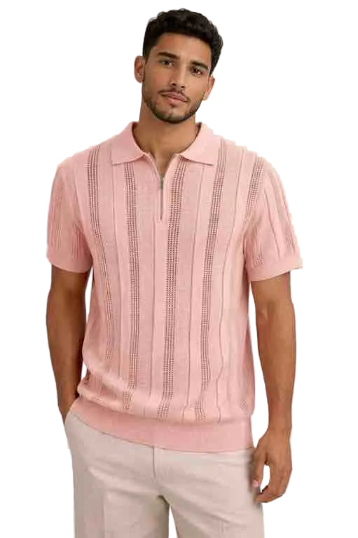 Mens Blush Pink Textured Knit Polo Shirt – Short Sleeve Zip Neck Summer Casual Top