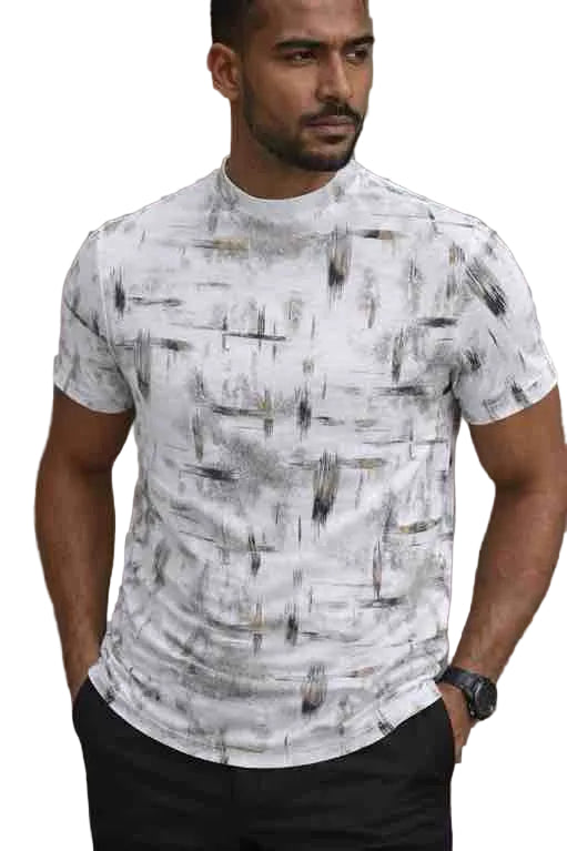 Mens Short Sleeve Abstract Brushstroke Print Tee – White and Charcoal