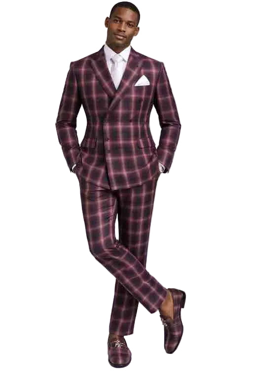 Mens Burgundy Plaid Slim Fit Double-Breasted Suit – Premium Formal Wedding and Party Wear