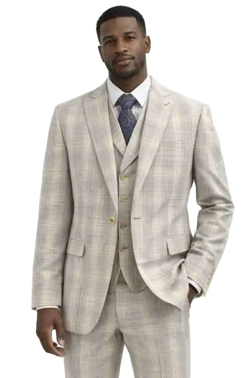 Mens Modern Fit 3-Piece Windowpane Check Suit – Sandstone Beige Modern Fit