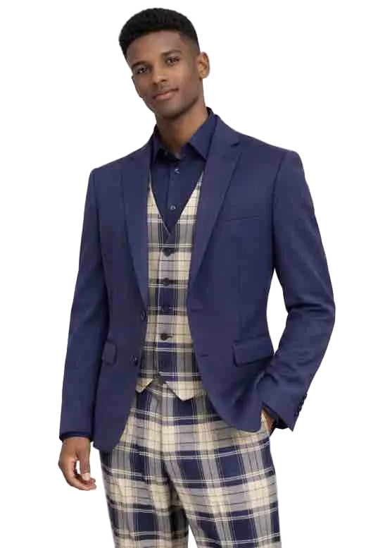 Mens Navy 3-Piece Suit – Slim Fit Solid Jacket with Plaid Vest and Trousers