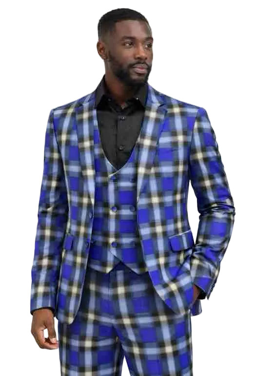 Mens Royal Blue Plaid 3-Piece Slim Fit Suit Set