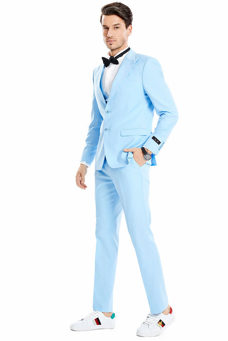 Graduation Suit - Men's Two Button Vested Peak Lapel Pastel Wedding & Prom Suit in Sky Blue