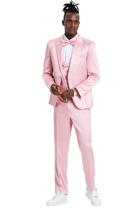 Graduation Suit - Men's One Button Vested Shiny Satin Sharkskin Prom & Wedding Party Suit in Dusty Rose