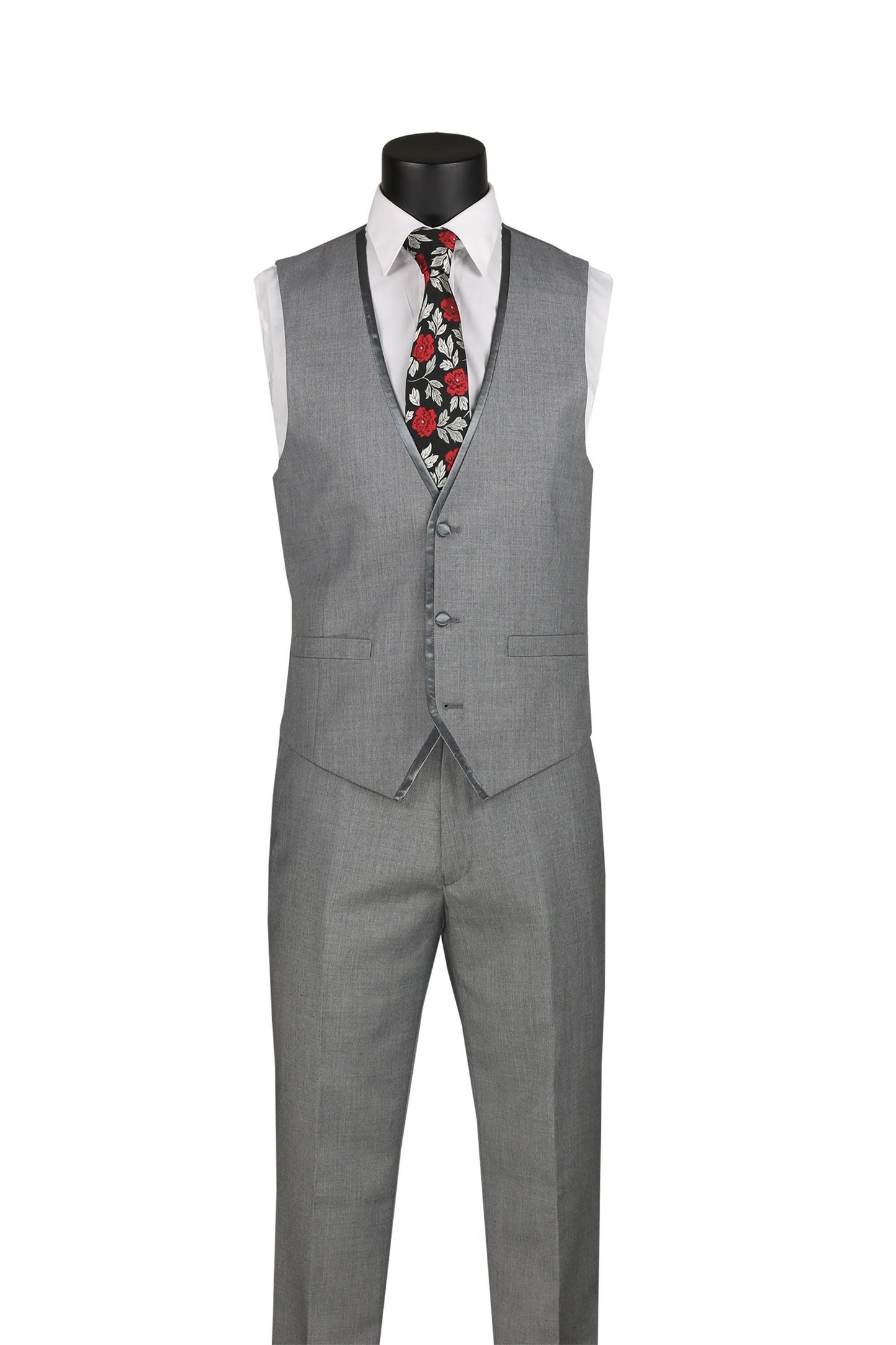 Light Gray Trimmed Lapel Slim Fit 3 Piece Suit - Image 2