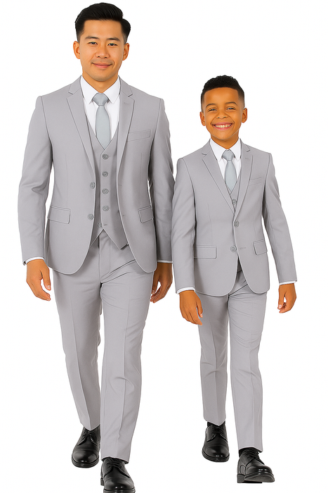 Father and Son Suits - Light Grey Boys Suit Perry Ellis Vested Boy's Wedding Suit in Light Grey