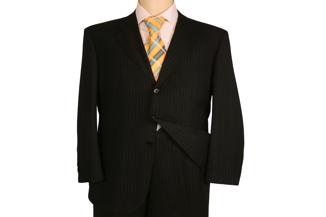 Black Almost Very Dark Gray Wiht Light Gray Pinstripe 100% Worsted Wool Available In 2 Or 3 Buttons Style Regular Classic Cut Cheap Priced Business Suits Clearance Sale