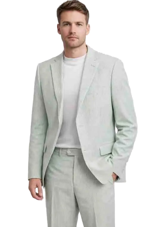 Mens Light Beige Pinstripe Suit – Modern 2 Button Slim Fit Suit with White Tee Styling