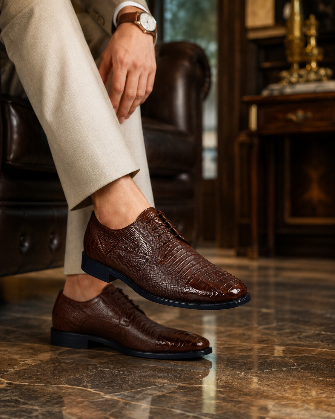 Los Altos Brown Caiman Belly & Teju Lizard Cap Toe Oxford Men's Lace Up Shoes