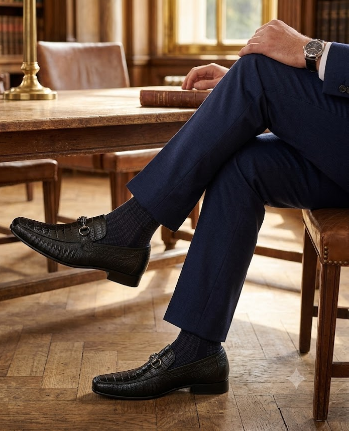 Los Altos Men's Stylish Black Genuine Caiman Belly And Lizard Classic Slip-On Dress Shoes