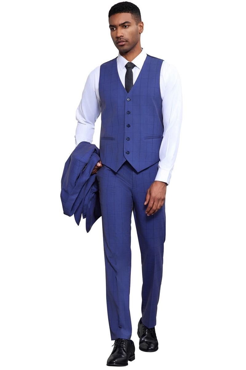 Men's Stacy Adams Modern Fit Vested Tonal Windowpane Plaid Suit in French Blue - Image 4