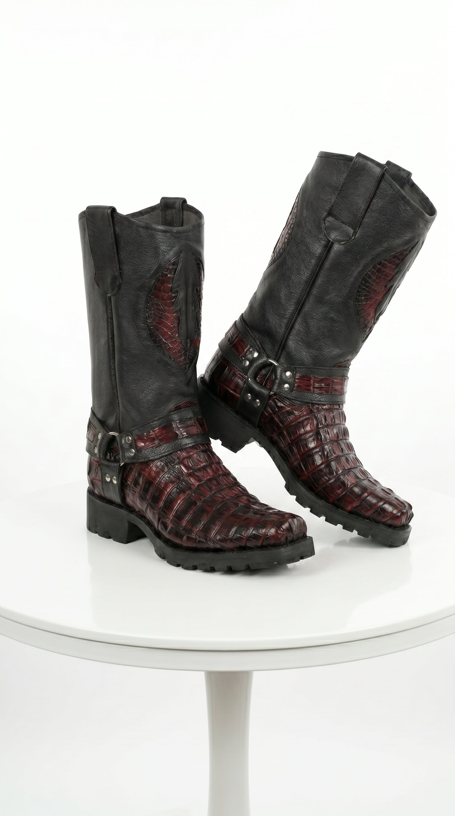 6 Men's Los Altos Black Cherry Caiman Tail Skin Biker Boots