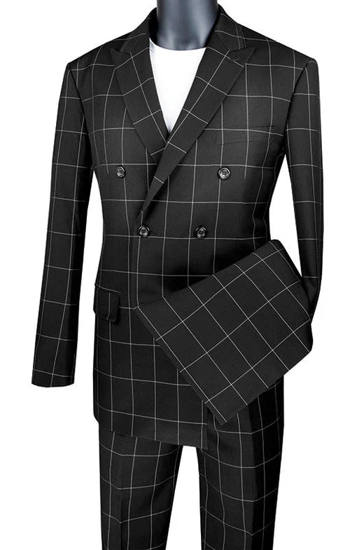 Naples Collection - Black Double Breasted Windowpane Peak Lapel 2 Piece Suit Modern Fit