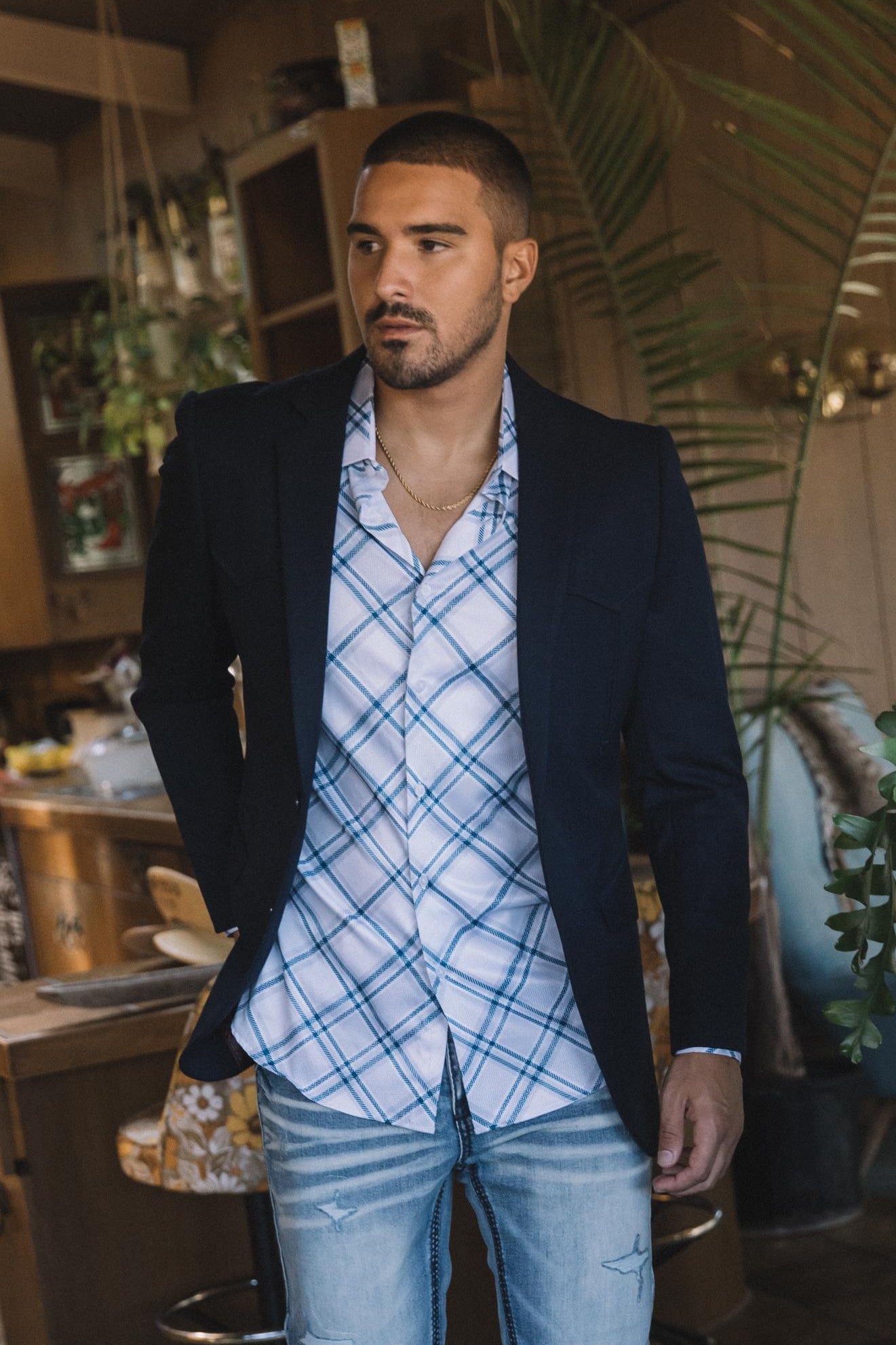 Men’s Navy Western Cowboy Blazer – Double Button Dress Coat