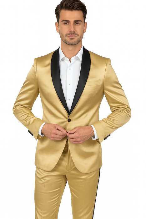Men Gold Contrast Lapel Black Shawl Collar 2 Toned Dinner Jacket Blazer Fashion Tuxedo For Men