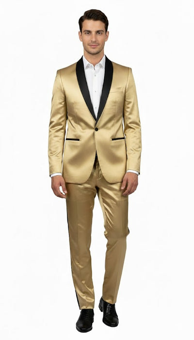 Men Gold Contrast Lapel Black Shawl Collar 2 Toned Dinner Jacket Blazer Fashion Tuxedo For Men