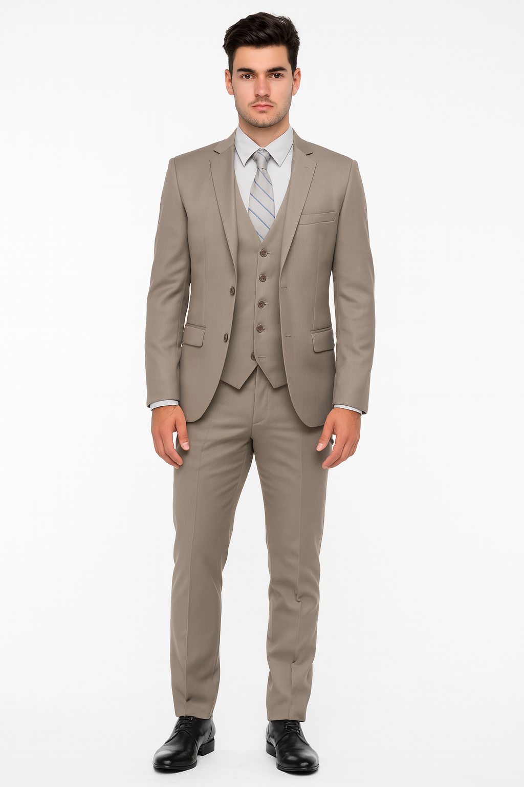 Men’s Modern Fit 3-Piece Taupe Suit with Vest – Stylish Formal Wear for Weddings & Business Taupe / 48 Regular Jacket