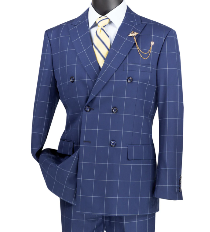 Mens Blue Plaid Double-Breasted Suit – Side-Vented Wedding, Business and Formal Suit Modern Fit