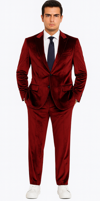 Men’s Velvet Burgundy Suit – Slim Fit 2-Piece Formalwear Set by Tazzio