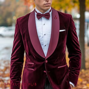 Men’s Burgundy with Burgundy Lapel Velvet Dinner Jacket – Shawl Lapel Tuxedo Blazer for Weddings & Formal Events
