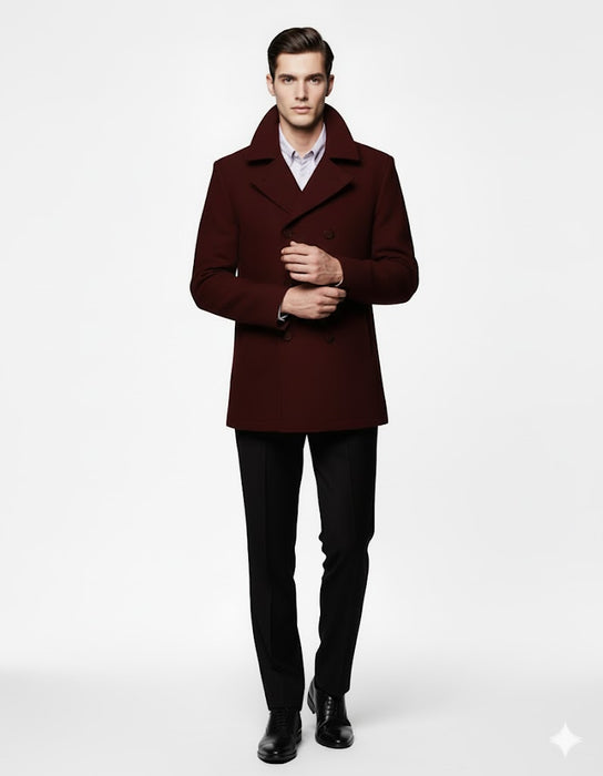 Men'S Designer Men'S Wool Men'S Peacoat Sale Wool Fabric Double Breasted Style Coat For Men Dark Burgundy