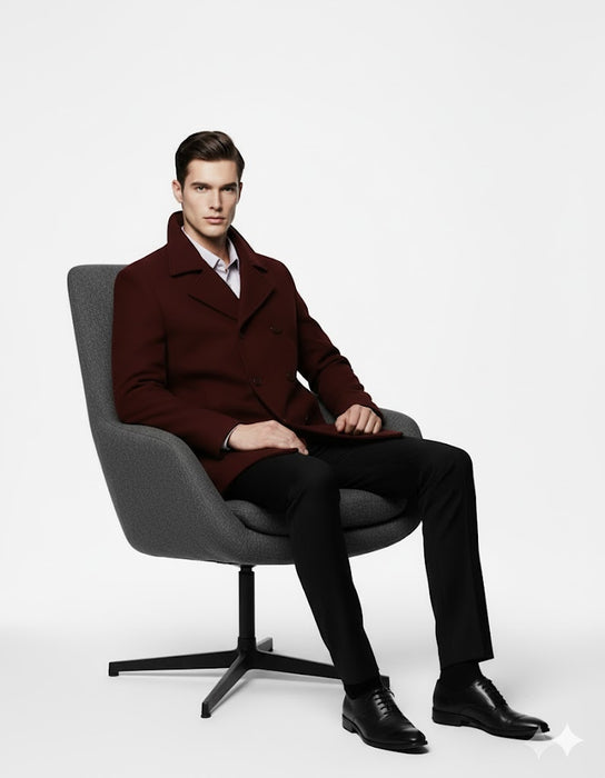 Men'S Designer Men'S Wool Men'S Peacoat Sale Wool Fabric Double Breasted Style Coat For Men Dark Burgundy
