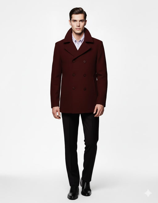 Men'S Designer Men'S Wool Men'S Peacoat Sale Wool Fabric Double Breasted Style Coat For Men Dark Burgundy