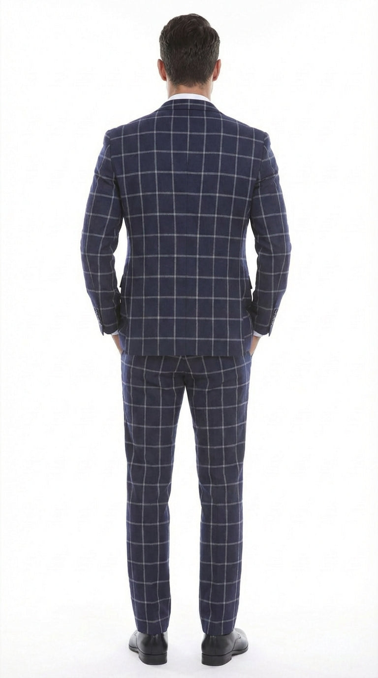 Men’s Navy Blue Windowpane Check Three Piece Suit – Modern Plaid Formal Vested Suit Modern Fit