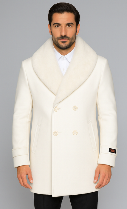 Men’s Off White Double-Breasted Peacoat Overcoat with Faux Fur Shawl Collar – Alberto Nardoni Wool Collection