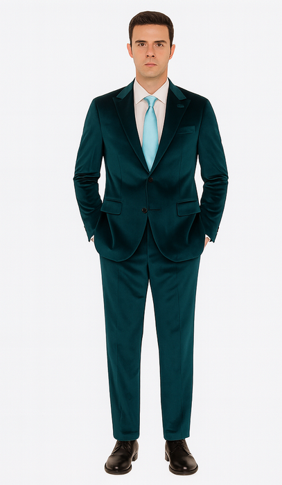 Men’s Designer Teal Velvet Suit – Slim Fit Peak Lapel 2-Piece by Tazzio