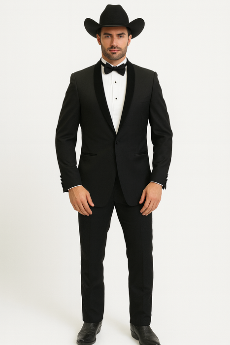 Men's Two Toned Full Lapel Shawl Black Tuxedo wool Fabric Suits