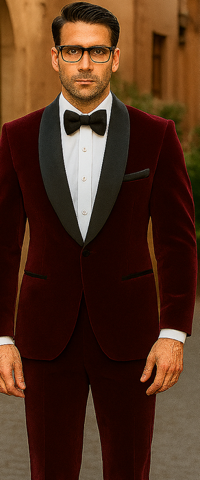 Mens 1 Button Shawl Lapel Velvet Tuxedo in burgundy