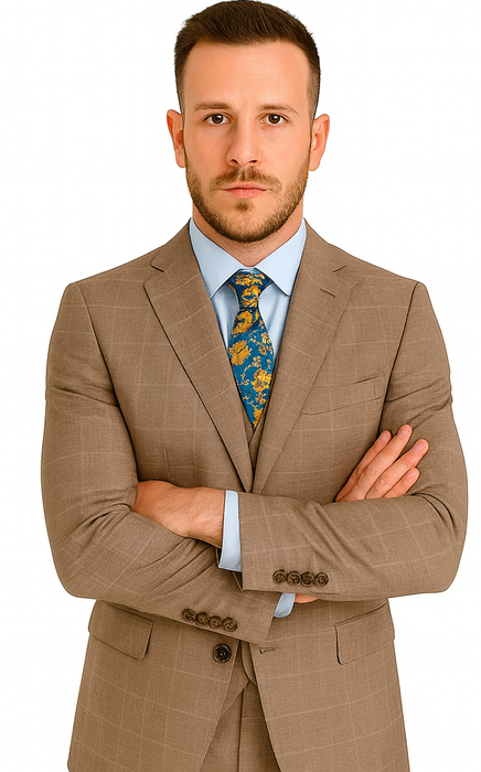 Mens 2 Button Vested Peak Lapel Plaid Suit in Tan