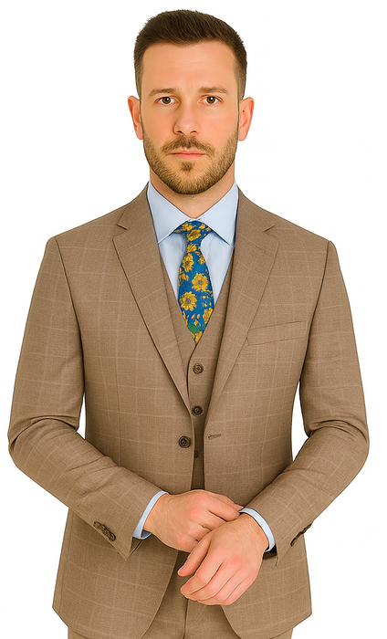 Mens 2 Button Vested Peak Lapel Plaid Suit in Tan