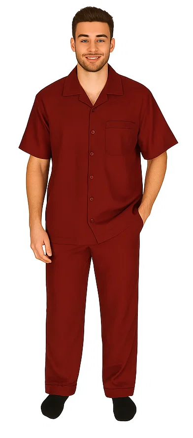 Men's 2 Piece Short Sleeve Casual Two Piece Mens Walking Outfit For Sale Pant Sets Set With Pleated Pants 100% Linen Shirt Wine
