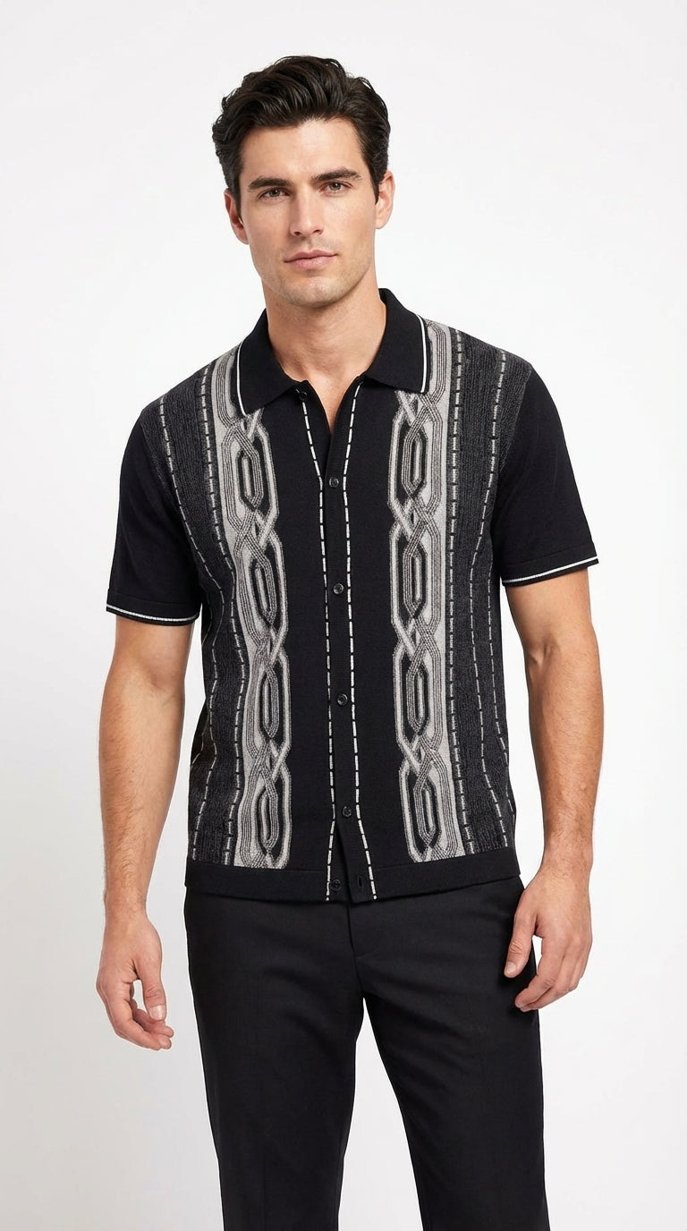 Mens Black and Gray Pattern Walking Suit Set – Short Sleeve Knit Shirt and Pants Casual Outfit for Summer, Travel and Everyday Wear Black / 3XL