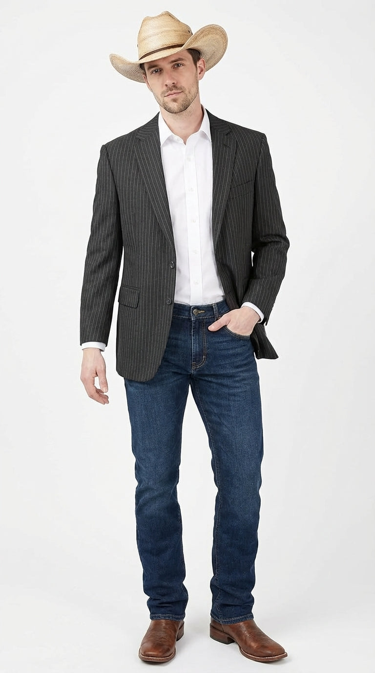 Mens Black Pinstripe Western Blazer – Classic Cowboy Style Jacket for Business, Formal and Smart Casual Wear Black / 56 Long
