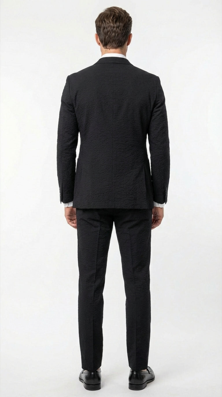 Mens Black Seersucker Suit – Shadow Ton on Ton Mini Textured Two Button Cotton Fabric Formal Summer Suit Modern Fit