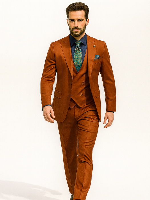 Designer Orange 3-Piece Suit – Elegant Men’s Formal Attire