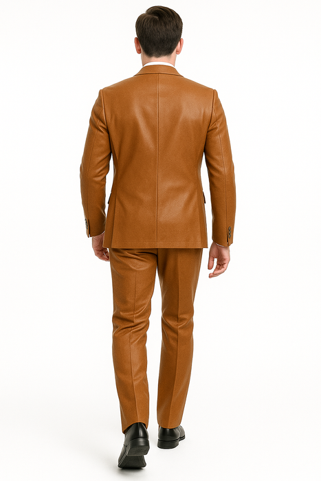 Mens Caramel Slim Fit Faux Leather Suit – 1 Button Notch Lapel